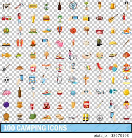 100 camping icons set, cartoon style 32670198