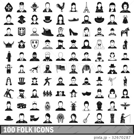 100 folk icons set, simple style 32670287