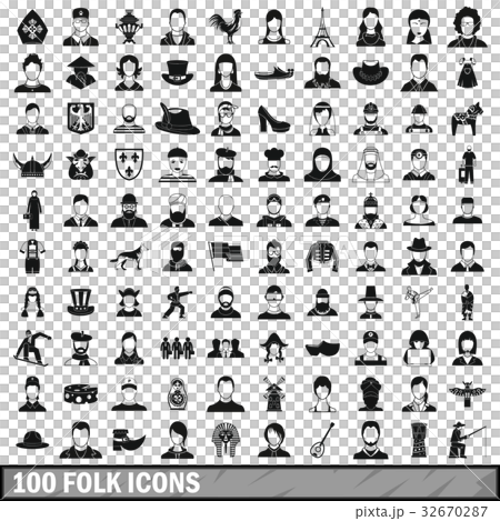 100 folk icons set, simple style 100 folk icons set, simple style 32670287