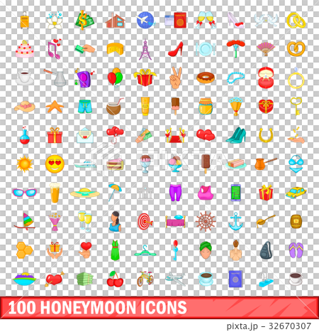 100 honeymoon icons set, cartoon style 100 honeymoon icons set, cartoon style 32670307