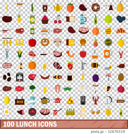 100 lunch icons set, flat style 32670319