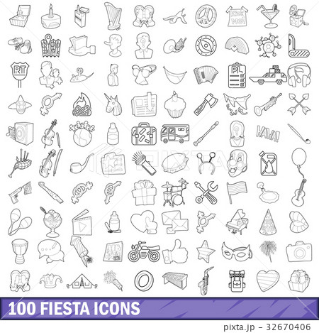 100 fiesta icons set, outline style 32670406
