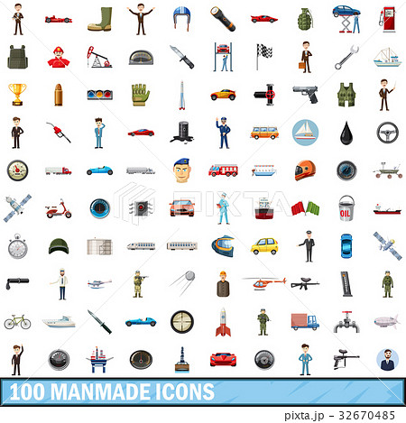 100 manmade icons set, cartoon style 32670485