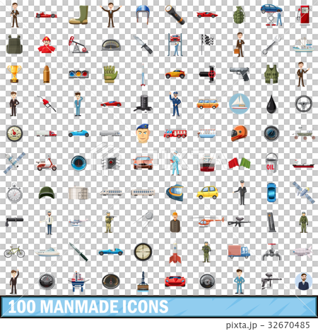100 manmade icons set, cartoon style 32670485