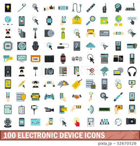 100 electronic device icons set, flat style 32670526