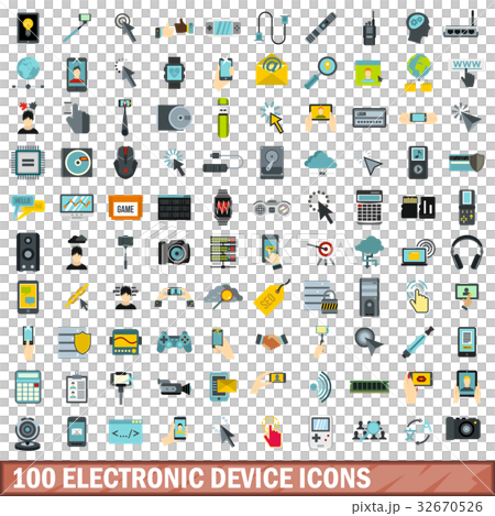 100 electronic device icons set, flat style 32670526
