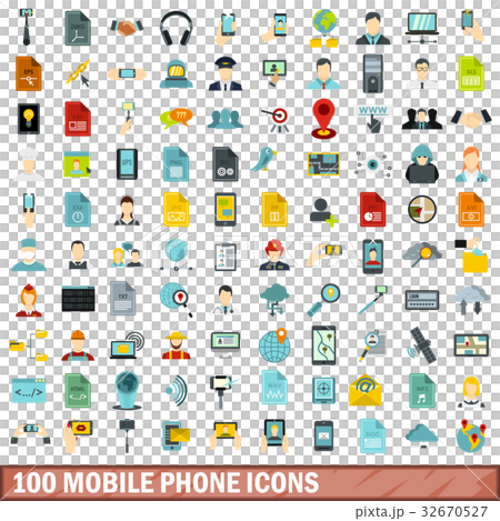 100 mobile phone icons set, flat style 32670527