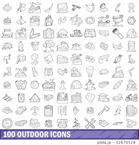 100 outdoor icons set, outline style 32670528