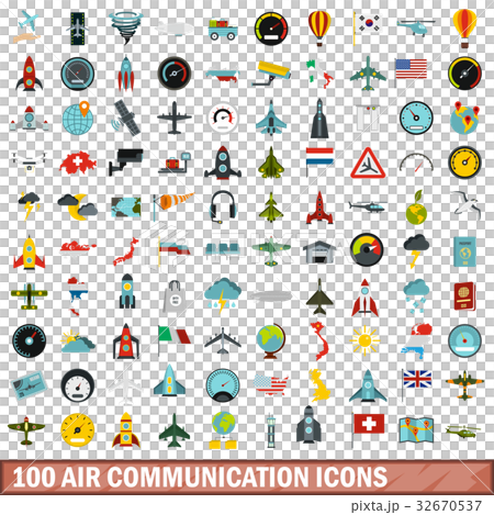 100 air communication icons set, flat style 32670537