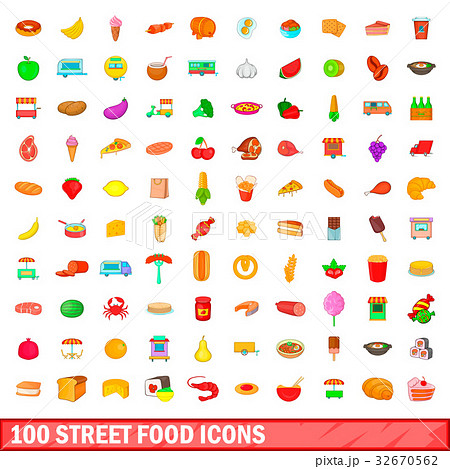 100 street food icons set, cartoon style 100 street food icons set, cartoon style 32670562