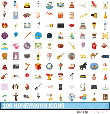 100 honeymoon icons set, cartoon style 32670582