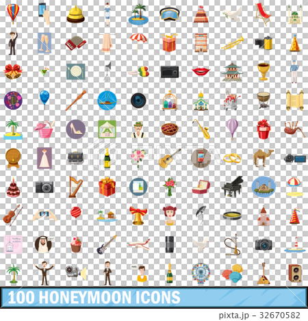 100 honeymoon icons set, cartoon style 32670582