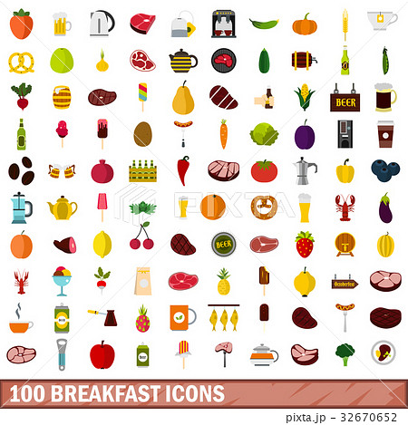 100 breakfast icons set, flat style 100 breakfast icons set, flat style 32670652