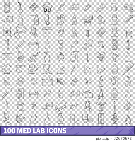 100 med lab icons set, outline style 32670678