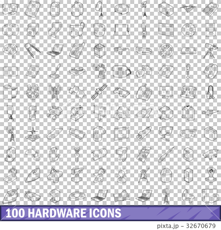 100 hardware icons set, outline style 32670679