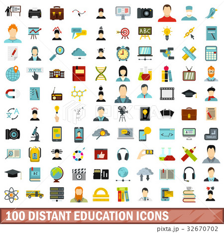 100 distant education icons set, flat style 32670702
