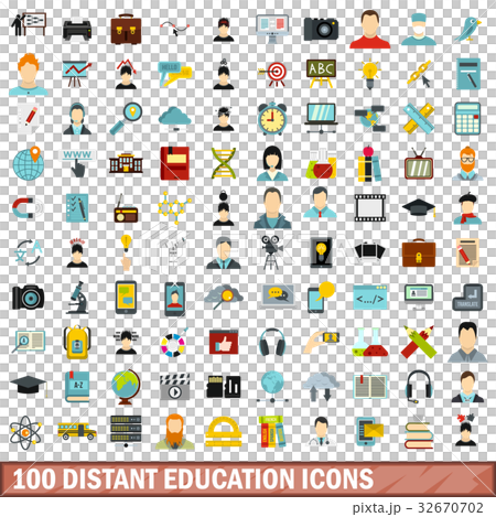 100 distant education icons set, flat style 32670702