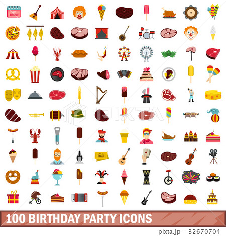 100 birthday party icons set, flat style 32670704