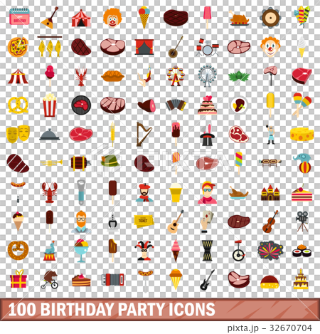 100 birthday party icons set, flat style 32670704