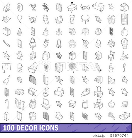 100 decor icons set, outline style 32670744