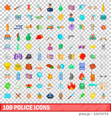 100 police icons set, cartoon style 32670759