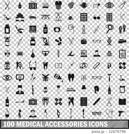 100 medical accessories icons set, simple style 32670796