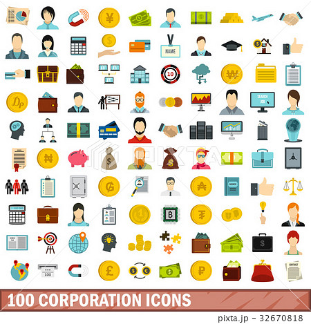100 corporation icons set, flat style 32670818