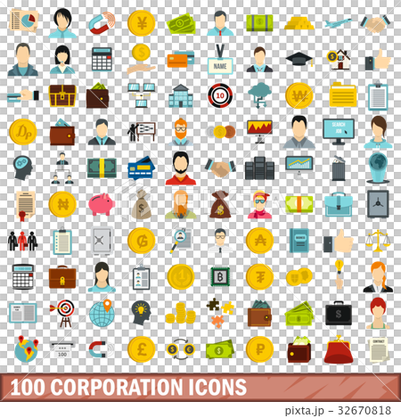 100 corporation icons set, flat style 32670818