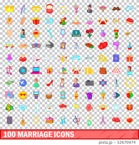 100 marriage icons set, cartoon style 32670974