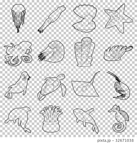 Ocean animals fauna icons set, outline style Ocean animals fauna icons set, outline style 32671038
