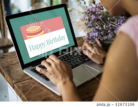 Illustration of birthday party event celebration with cake on laptop Illustration of birthday party event celebration with cake on laptop 32673106