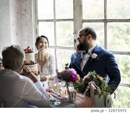 Newlywed Couple Cheerful Wedding Reception Newlywed Couple Cheerful Wedding Reception 32673455