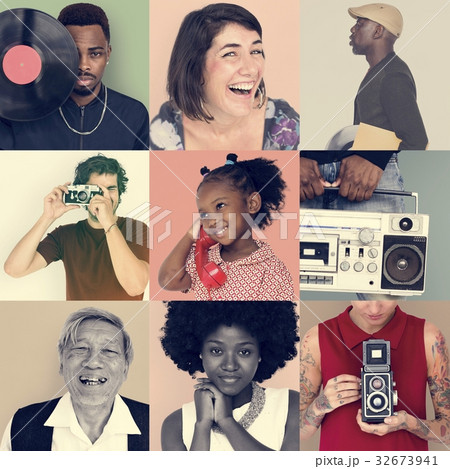 Collection pf people with vintage retro media 32673941