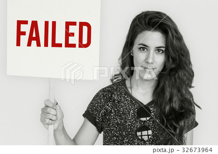 Woman hold caution alert sign Woman hold caution alert sign 32673964