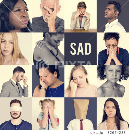 Collage of people face expression worried unhappy 32674283