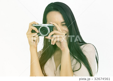 Woman Hands Hold Camera Snap Portrait Studio 32674561