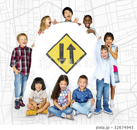 Children holding network graphic overlay banner Children holding network graphic overlay banner 32674943