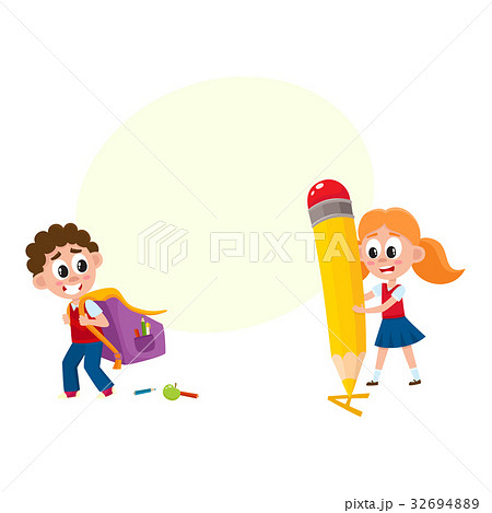 Boy carrying backpack, girl with huge pencil 32694889
