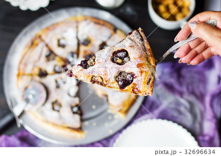 Female serving fruit sweet pie slice Female serving fruit sweet pie slice 32696634