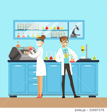 Chemists male and female testing chemical elements Chemists male and female testing chemical elements 32697376