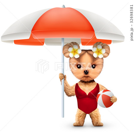 Animal in swimsuit with umbrella holding beachball Animal in swimsuit with umbrella holding beachball 32698381