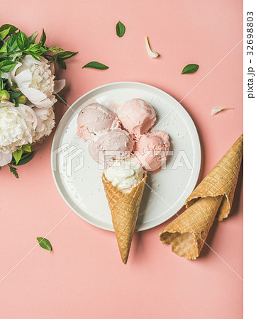Pink strawberry and coconut ice cream, cones and Pink strawberry and coconut ice cream, cones and 32698803