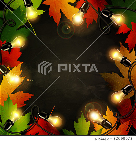 Frame of autumn leaves painted on black chalkboard 32699673
