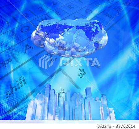 パソコンとクラウドコンピューティングと高層ビル街のイラスト素材