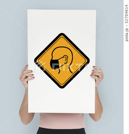 Studio Shoot Holding Banner with Protection Mask Attention Sign 32704614