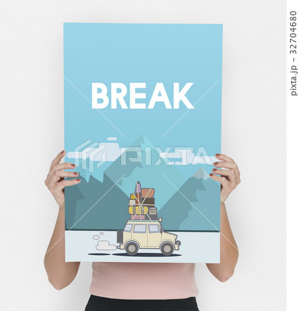 Woman holding illustration of discovery journey road trip traveling banner Woman holding illustration of discovery journey road trip traveling banner 32704680