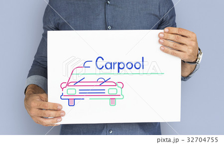 Man holding banner of automotive car rental transportation advetisement 32704755