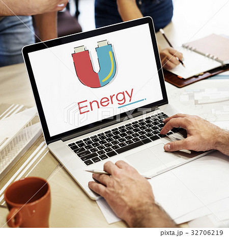 Illustration of horseshoe magnetic field energy on laptop Illustration of horseshoe magnetic field energy on laptop 32706219