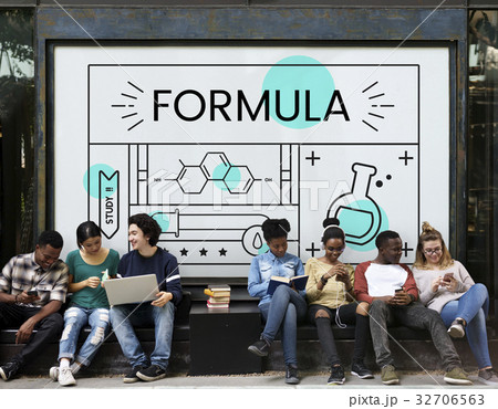 Group of students with illustration of science chemistry experiment study Group of students with illustration of science chemistry experiment study 32706563