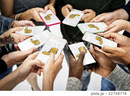 Hands holding digital device network graphic overlay Hands holding digital device network graphic overlay 32708776